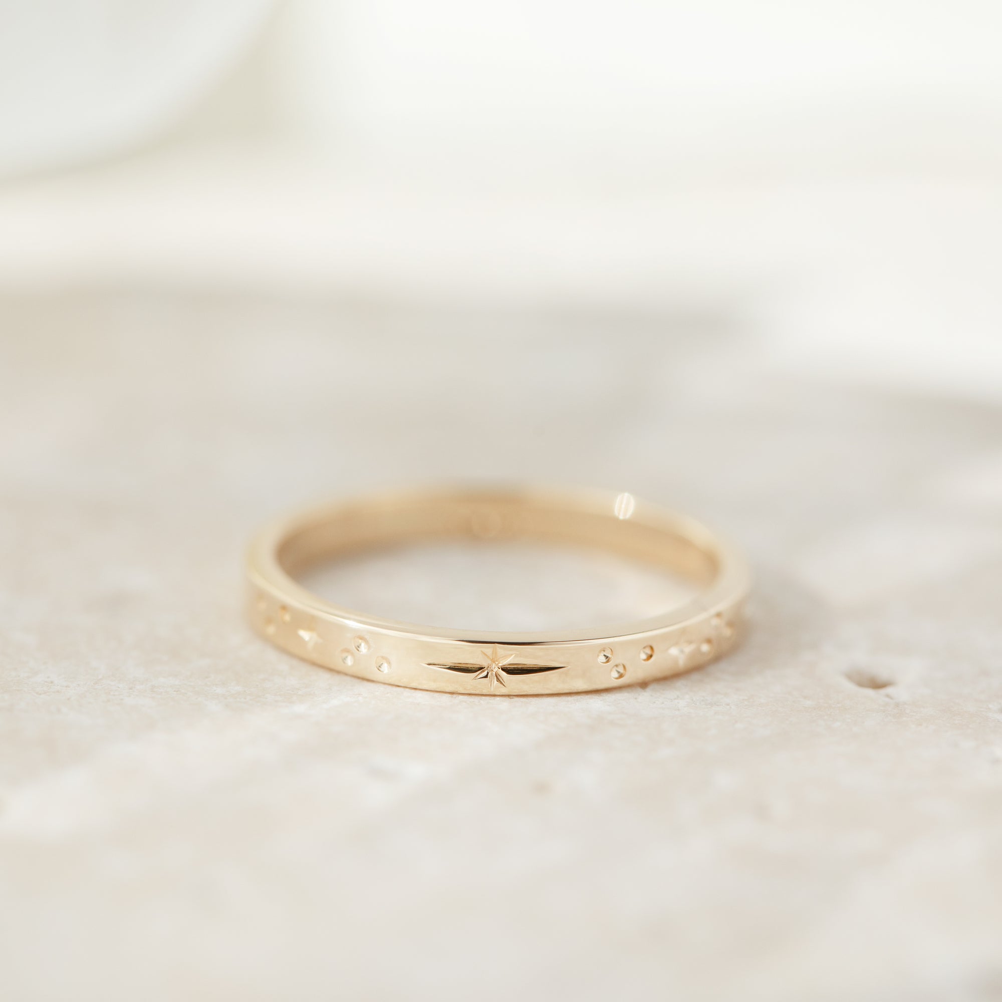 Star Engraved Flat Profile Ring Band in Solid Yellow Gold