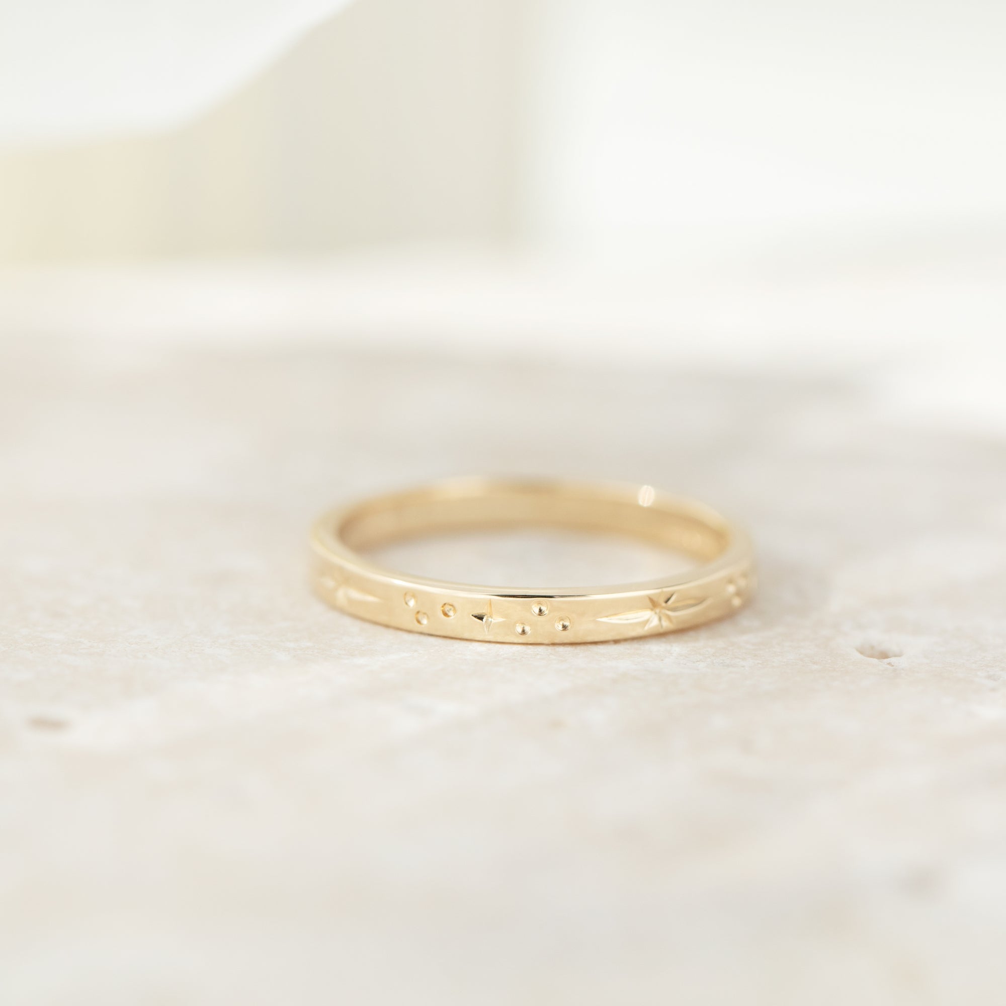 Star Engraved Flat Profile Ring Band in Solid Yellow Gold